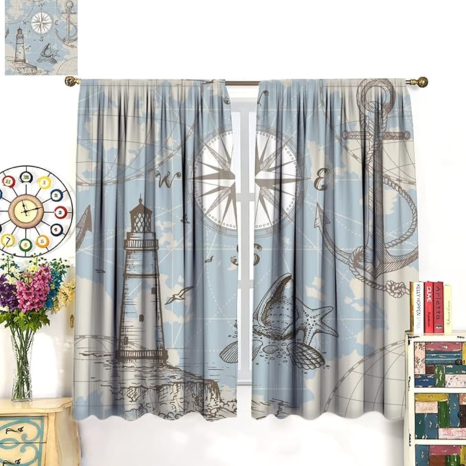 Nautical Theme Window Curtains,Pirate Sailboat Curtains for Bedroom,Conch Starfish Print Draperies for Living Room,Ocean Window Treatment Curtains Set 2 Panels,52x84 Inches