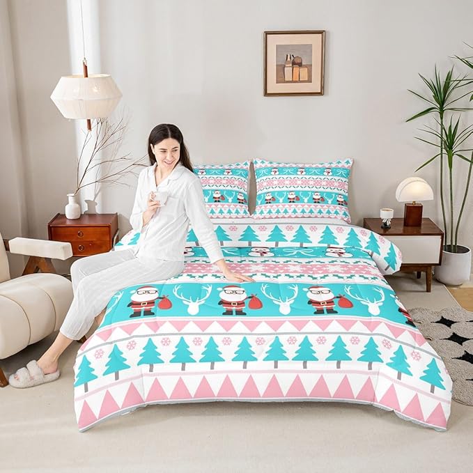 Feelyou Merry Christmas Tree Bedding Set Soft for Boys Girls, Cute Snowman Comforter Set Queen Size Santa Claus Duvet Quilt Microfiber Cartoon Bowknot Bedroom Decor 3 Pcs with 2 Pillow Cases