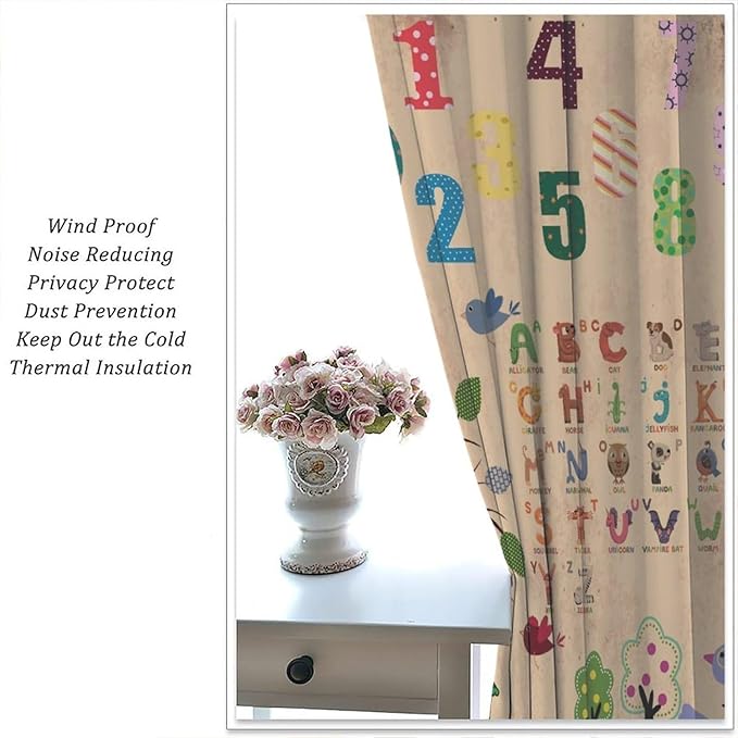 Animal Alphabet Numbers Tree Curtain Learning ABC Letters Birds Numbers Home Printed Rod Pocket Window Treatments for Bedroom Living Room Playroom Nursery 42" W X 63" L