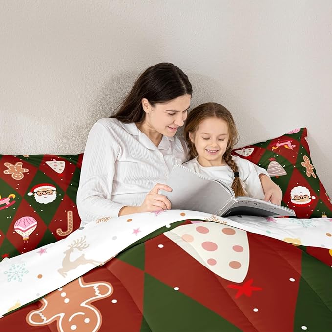 Feelyou Merry Christmas Bedding Set Soft for Boys Girls, Santa Claus Comforter Set Toddler Size Xmas Tree Nutcracker Soldier Duvet Quilt Gingerbread Man Bedroom Decor 2 Pcs with 1 Pillow Cases