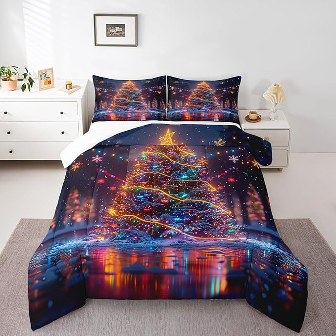3D Christmas Tree Comforter Set Queen Size,Snowflake Glitter Polka Dot Bedding Set for Kids Boys Girls Room Decor,Merry Christmas Duvet Insert 3Pcs,Xmas Neon Style Fashion Quilt Set,2 Pillowcases