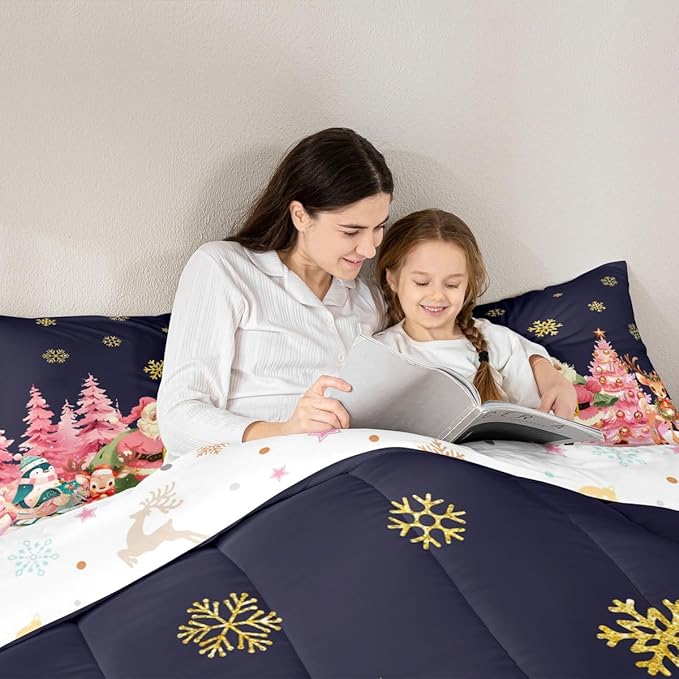 jejeloiu Merry Christmas Comforter Set King Size Santa Claus Bedding Set for Kids Boys Girls Cute Deer Duvet Quilt Dark Blue Bedroom Decor