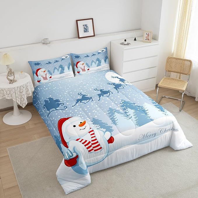 Manfei Snowman Comforter Set Twin Size, Xmas Deer Trees Print Quilt Set with 1 Pillowcase, Winter Snowflake Merry Christmas Bedding Set 2pcs for Kids Boys Girls Bedroom Decor