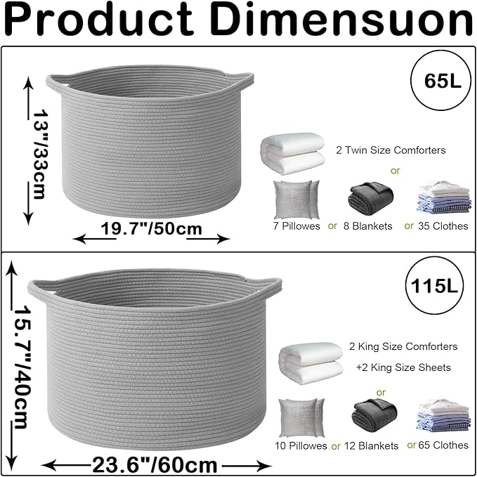 Large Blanket Basket for Organizing,115L Closet Organizers and Storage Bins Box for Shelves Woven Rope Storage Baskets,Living Room,Bedroom,Dorm,Laundry room (Light Grey)