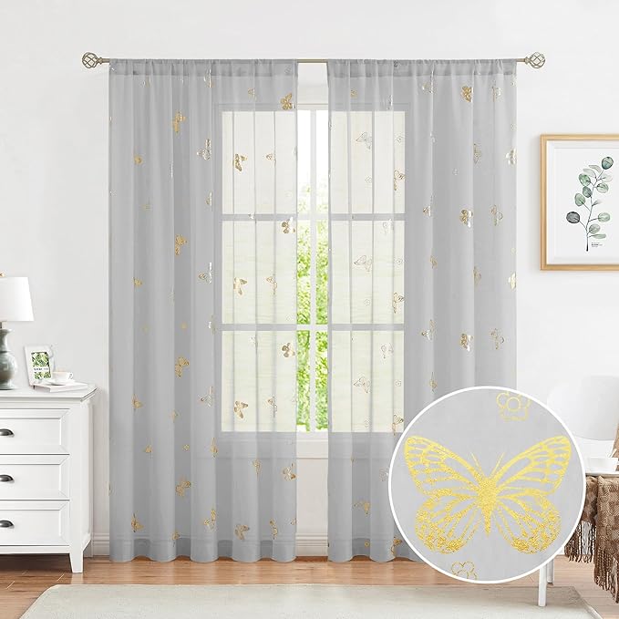 Jubilantex Grey Sheer Curtain with Gold Butterfly Pattern for Kids Room, Linen Textured Rustic Metallic Print 84 Inch Rod Pocket Window Drapes for Girls Bedroom Living Room, 2Panels