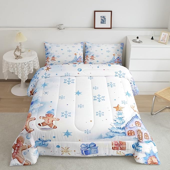 jejeloiu Kids Christmas Theme Comforter Set Queen Size Blue Xmas Gingerbread Man Bedding Set for Boys Girls Teens Candy House Snowflake Winter Happy New Year Duvet Quilt Room Decor