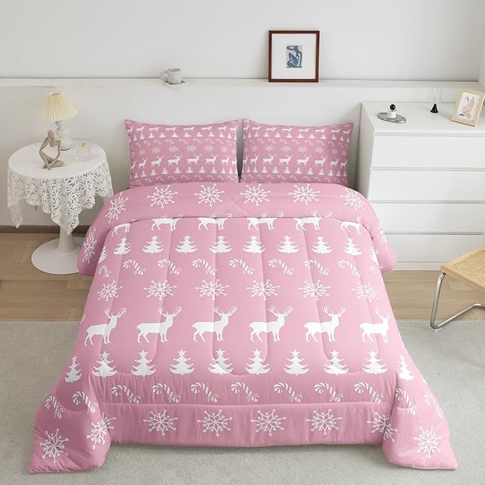Erosebridal Christmas Twin Bedding Set 7 Piece,Xmas Elk Deer Bed in A Bag,Candy Snowflake Comforter Set Pine Tree Woodland Animals Sheet Set with Comforter,Pink Christmas Decoration