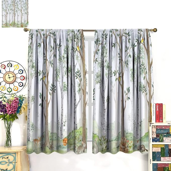 Kids Animal Curtains, Watercolor Natural Forest Animal Hedgehog Fox Butterfly Rabbits Forest Print Curtain Boys and Girl Bedrooms 42x54 Inch