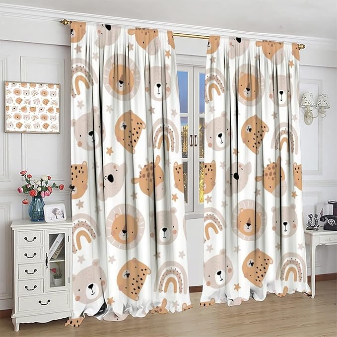 Cartoon Boho Animal Curtains,Funny Forest Safari Print,Cute African Wildlife Koala Giraffe Lion Leopard Bear Rainbow Blackout Window Drapes for Boys Girls Kids Baby Child Bedroom 72x63in