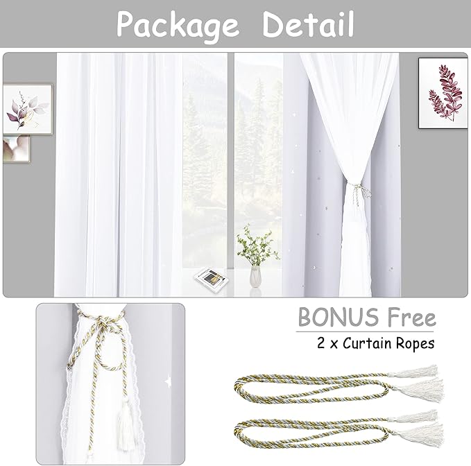 Kinryb Kids Curtains for Bedroom/Living Room/Classroom, Sheer Overlay Extra Long,2 Free Tiebacks, Double Layer Curtains with Star Cutout for Kids Room(W 52 x L 108 Inches,Greyish White 2 Pcs)
