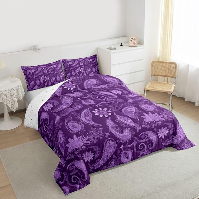 Feelyou Vintage Purple Floral Bedding Set Queen Size, Paisley Floral Comforter Set Boho Floral Comforter for Kids Toddler Paisley Duvet Set Microfiber Bed Set