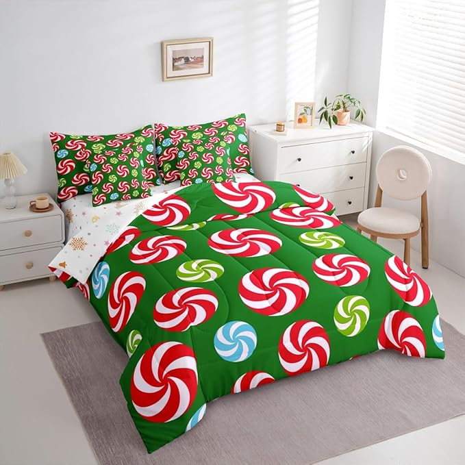 Feelyou Christmas Candy Comforter Set King Size 7 Pieces Cute Swirl Candy Bedding Set for Kids Boys Girls Red and Green Blue Sweet Bed in a Bag Reversible Xmas Decor Bedroom Quilted Breathable Soft