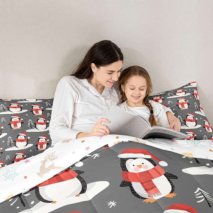 Feelyou Christmas Comforter Set All Season Penguin Bedding Set with 2 Pillow Cases Snowflake Microfiber Kids Full Bedclothes Pine Tree Bedroom Decor Duvet Quilt Breathable Soft Lightweight