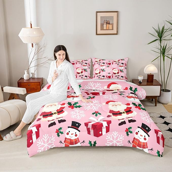 jejeloiu Merry Christmas Comforter Set King Size Xmas Santa Claus Bedding Set for Kids Boys Girls Cute Snowman Duvet Quilt Pink Bedroom Decor