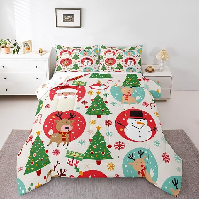Feelyou Christmas Bedding Set Soft for Boys Girls, Santa Snowman Comforter Set Queen Size Deer Xmas Tree Duvet Quilt Microfiber Snowflake Bedroom Decor 3 Pcs with 2 Pillow Cases