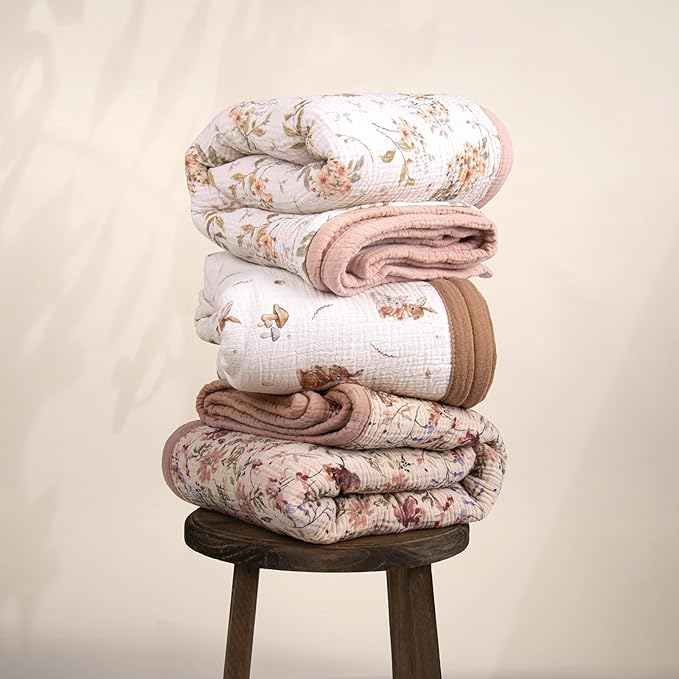 lulumoon Muslin Blanket Baby for Girls: Cotton Crib Blanket with Wildflowers - Soft Lightweight for Daycare 47"x47"（Sand Floral）