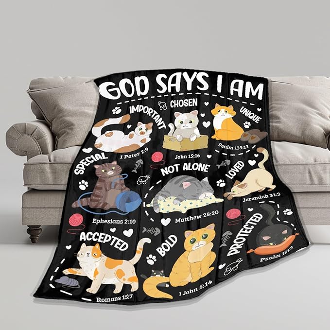 Cat Throw Blanket,Bible Verse Blanket, Christian Gifts, God Says I am Print Blankets, Meaningful Thoughtful Religious Gifts for Girls,Cat Lover Room Bed Decoration, 60"x80"