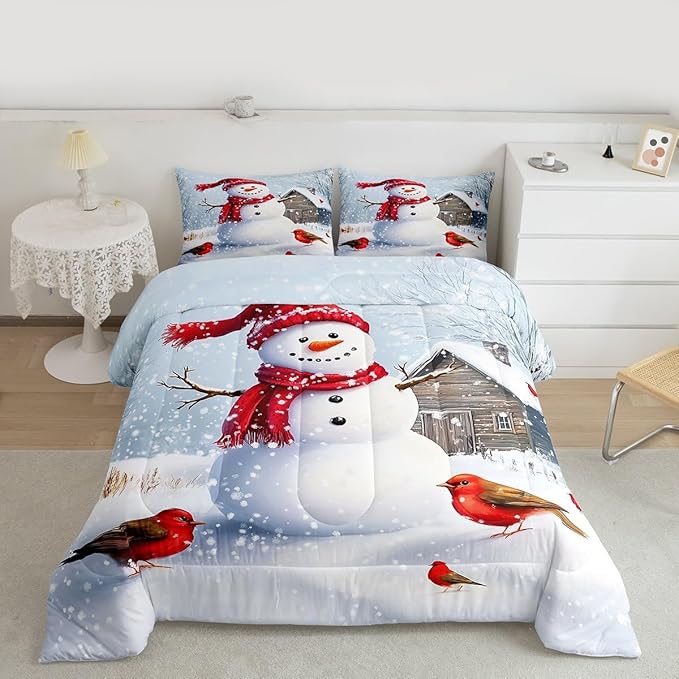 Feelyou Merry Christmas Comforter Set All Season Cute Snowman Bedding Set with 2 Pillow Cases Snowflake Microfiber Kids Full Bedclothes Winter Bedroom Decor Duvet Quilt Breathable Soft Lightweight