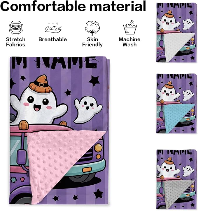 Personalized Halloween Blanket for Baby Girls, Custom Baby Blanket with Name, Ghost Pumpkin Truck Pattern Soft Minky Dot Blanket, Halloween Decor Christmas Birthday Gifts for Kids Toddlers
