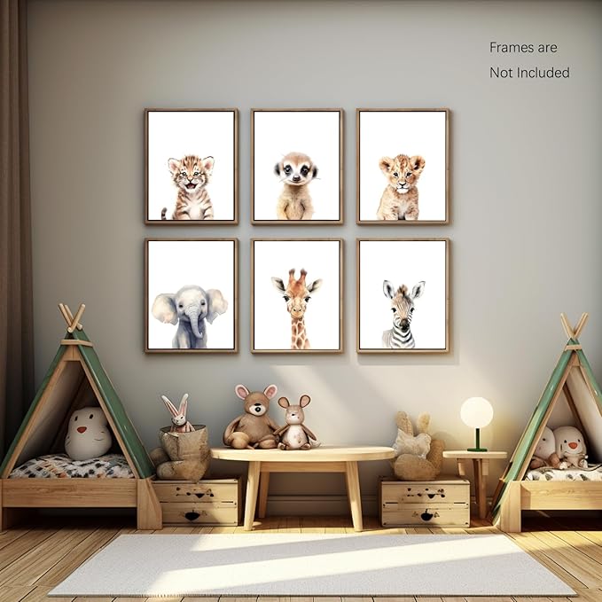 Wodkwq Nursery Wall Art Safari Animal Canvas Prints Baby Girl Boy Room Decor Poster Pictures Cute Jungle Theme Toddler Room Decoration Painting Set of 6 for Kids Bedroom Bathroom 8x10in Unframed