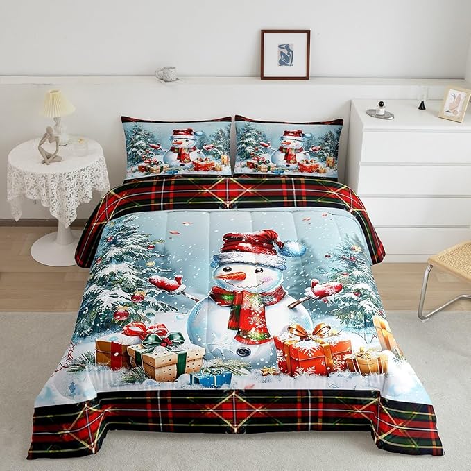 Castle Fairy Xmas Cute Snowman Comforter Set King Size,Merry Christmas Pine Trees Decor Bedding Set All Season Quilt Set,Vintage Red Green Checkered Plaid Microfiber Polyester Down Comforter