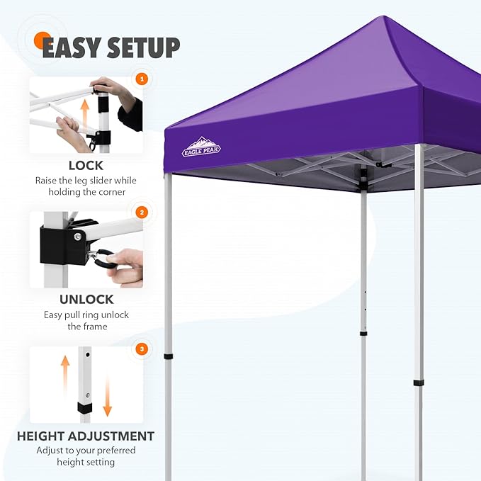 EAGLE PEAK 5x5 Pop Up Canopy Tent Instant Outdoor Canopy Easy Set-up Straight Leg Folding Shelter, Purple