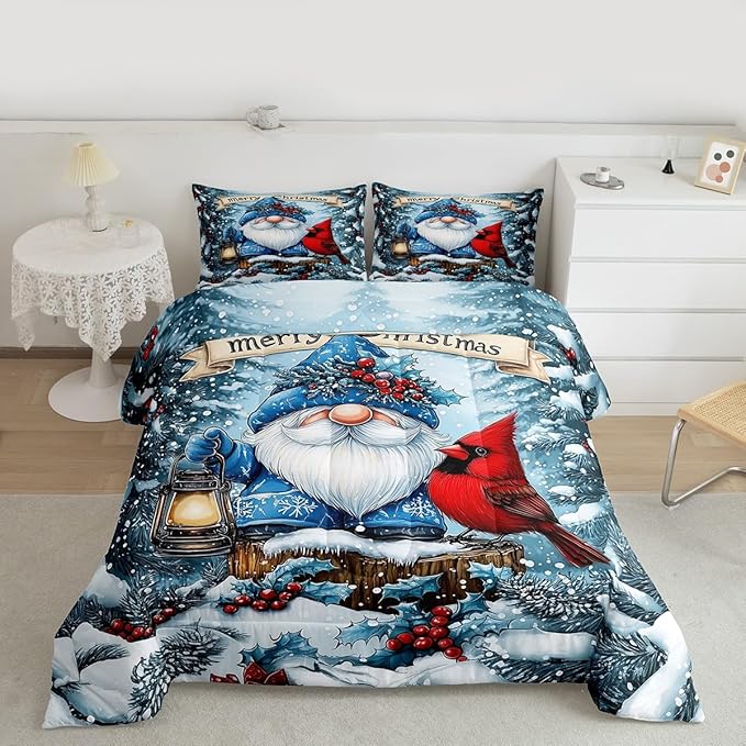 Kawaii Santa Claus Comforter Set Full Size,Poinsettia Cardinal Christmas Birds Kids Bedding Set,Holly Berries Winter Snowflake Quilt Comforter,Blue Red Duvet Insert,2 Pillowcases