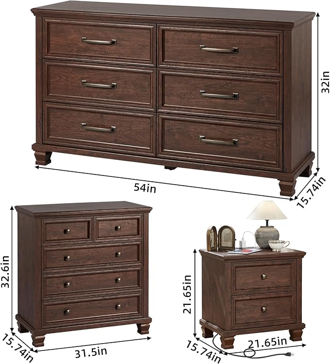 Farmhouse Bedroom Dresser and Nightstand Set of 4, 6 Drawer Low & 5 Drawers Dresser & 2 Drawer Nightstand Set, Rustic Wood Furniture Set for Bedroom, Hallway, Walnut
