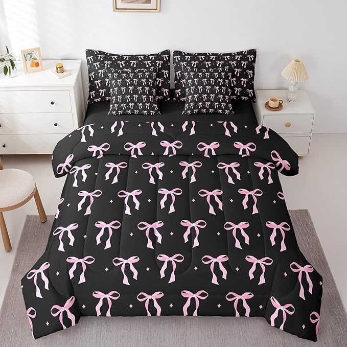 7 Pieces Pink Bowknot Kids Comforter King,Stars Watercolor Bow Tie Patchwork Bedding Set,Butterfly Knot Princess Black Noble Chic（Comforter+Fitted+Flat Sheet+2 Pillowcases+2 Throw Pillow Covers）