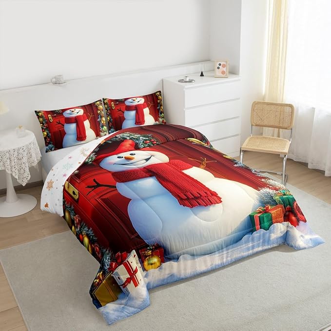 Feelyou Merry Christmas Kids Comforter Set King Size Cute Snowman Bedding Set Duvet Quilt for Kids Boys Girls Bedroom Snowflake Decor Microfiber Ultra Soft Breathable