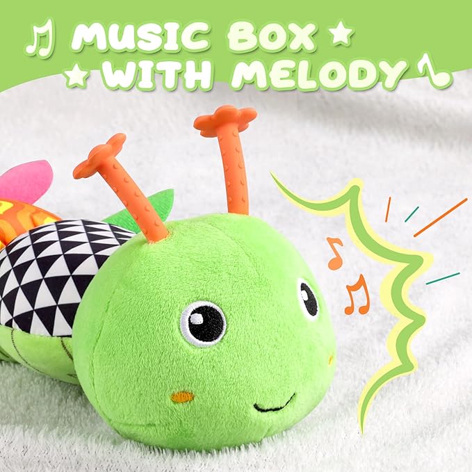 Baby Toys 0 to 12 Months, Musical Stuffed Animal Activity Soft Toys with Multi-Sensory Crinkle, Rattle and Textures, Infant Tummy Time Toys for Newborn Boys Girls, Caterpillar, Green