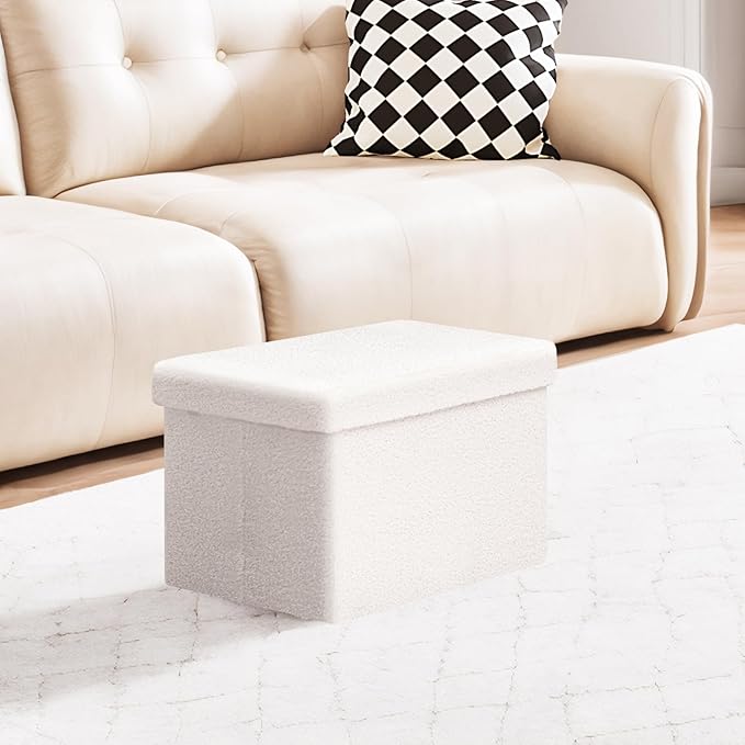 PINPLUS Storage Ottoman Cube Ottoman Foot Rest,Small Foldable Portable Boucle Upholstered Sherpa Ottomans, Faux Teddy Fur, White 16.5"x12.6"x12.6"