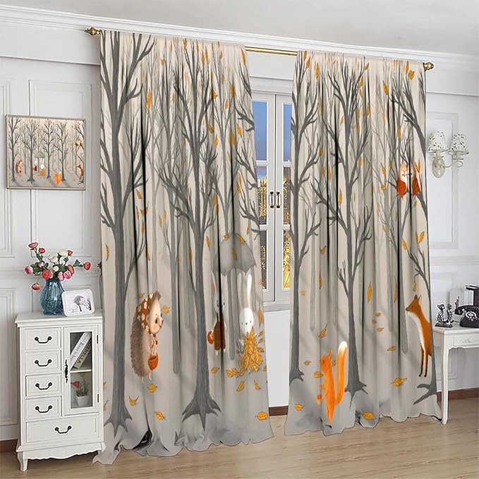 Kids Woodland Animal Window Curtains, Autumn Forest Hedgehog Rabbits Squirrel Fox Birds Blackout Rod Pocket Window Treatments Drapes for Boys Girls Bedroom 84x84in