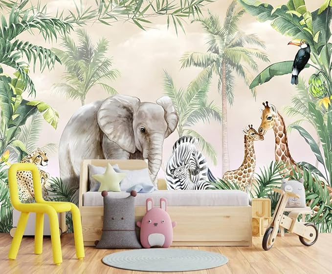 Tropical Animal Plants wallpeper Nursery Kids Bedroom Elephant Wall Mural - 160"x108"（Not Peel and Stick）
