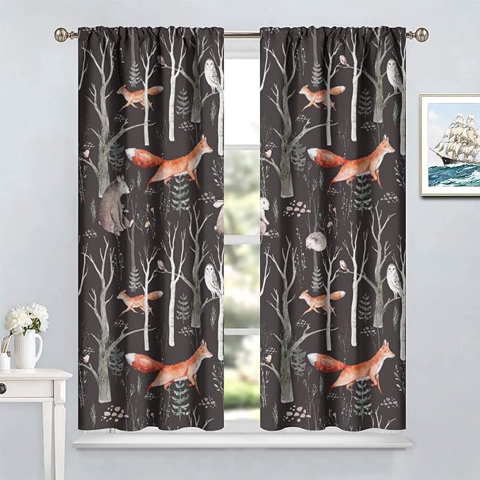 Rustic Forest Curtain, Woodland Country Hunting Animal Deer Fox Wildlife Bear Farmhouse Lodge Cabin Blackout Rod Pocket Windows Door Curtain for Bedroom Living Room Home Decor 72x63in