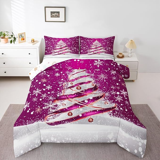Feelyou Merry Christmas Bedding Set Soft for Boys Girls, Christmas Tree Comforter Set Toddler Size Snowflake Duvet Quilt Microfiber Winter Bedroom Decor 2 Pcs with 1 Pillow Cases