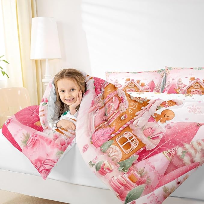 jejeloiu Kids Christmas Theme Comforter Set Full Size Cute Deer Gingerbread Man Bedding Set for Boys Girls Teens Pink Xmas Tree Candy House Winter Snowflake Duvet Quilt Room Decor