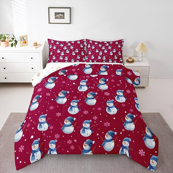 jejeloiu Kids Cute Winter Snowman Comforter Set King Size Red Christmas Theme Bedding Set for Boys Girls Teens Xmas Snowflake Happy New Year Duvet Quilt Room Decor