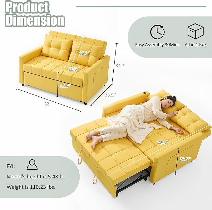 52" Sleeper Sofa with Pull-Out Bed, 3-in-1 Convertible Sofa Bed, Loveseat with Stepless Adjustable Backrest and Side Pocket, for Living Room Dorm Apartment, Linen, Yellow