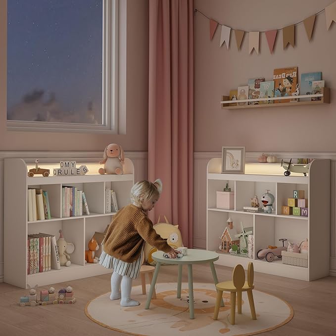 Lkeiyay Open Shelf Kids Bookcase，Montessori Toy Organizer with LED Lights - White Wooden Open Bookcase for Kids, Bedroom, Back to School，Playrooms & Nurseries
