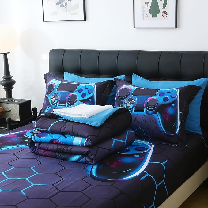 Wajade Game Console Comforter Set for Boys 7 Piece Blue 3D Gaming Geometric Bedding Sets for Kids Full Size as Birthday with Comforter, Sheet Set, Pillowcase and Sham