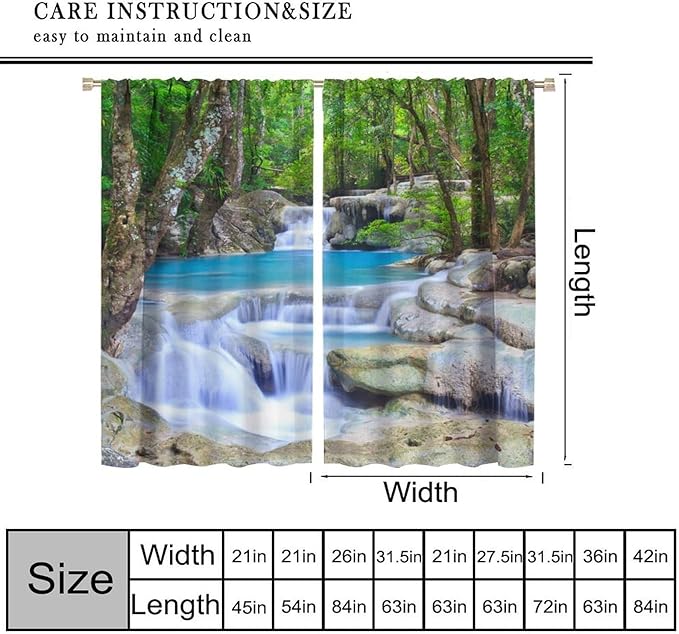Forest Waterfall Blackout Curtains, Spring Nature Theme Natural Scenery Mountain Scenery Rod Pocket Window Drapes, for Bedroom Living Room 63" W X 72" L