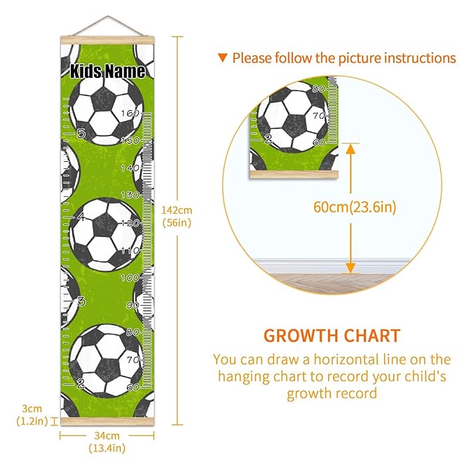Personalized Kids Name Growth Chart Ruler for Wall Wood Frame Height Measure Chart 13.4x56 in Linen Hanging Height Growth Chart Football Soccer Green Kids Room Decor