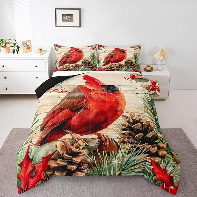 jejeloiu Kids Red Cardinal Comforter Set Twin Size Christmas Theme Bedding Set for Boys Girls Teens Xmas Birds Winter Rustic Wood Plank Animal Duvet Quilt Room Decor