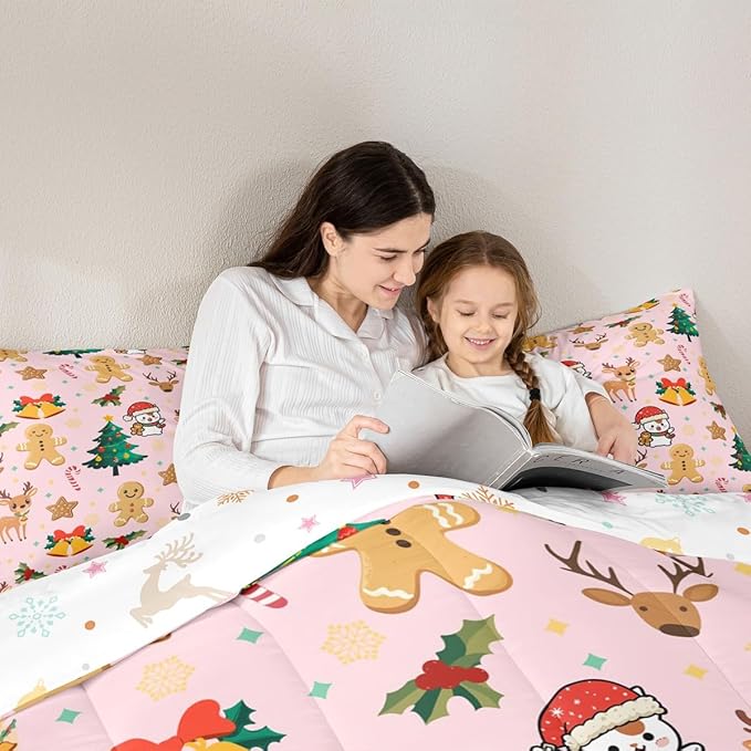 Feelyou Merry Christmas Bedding Set Soft for Boys Girls, Gingerbread Man Comforter Set King Size Cute Deer Duvet Quilt Microfiber Christmas Tree 3 Pcs with 2 Pillow Cases