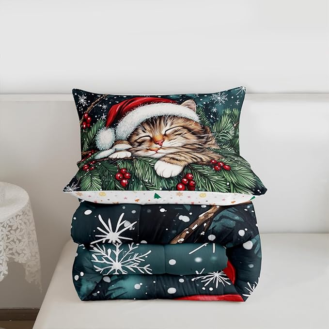Cute Cat Kid Comforter Set Full Size,Winter Holly Berry Snowflake Bedding Set,Girl Boy Room Decor,Animal Merry Christmas Poinsettia Quilt Comforter,Dark Green Duvet Set Bedroom Quilt Set,2 Pillowcases