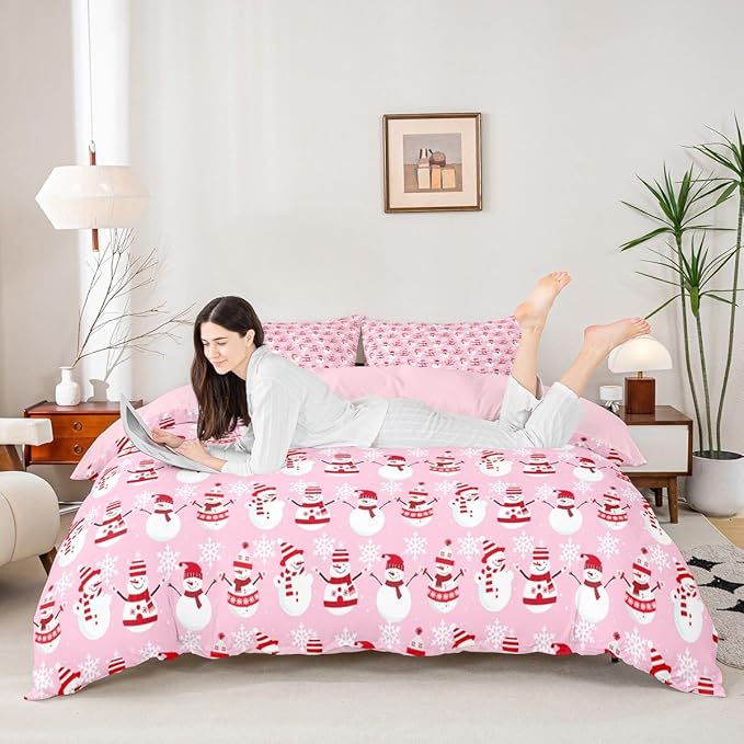 Christmas Bedding Duvet Cover Set Kids Cartoon Christmas Snowman Bedding Set Boys Girls Decor Snowflake Comforter Cover Set Microfiber Pink Xmas Theme Bedspread Cover Bedroom Bedclothes Toddler Size