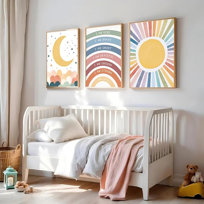 KBIERQN 3Pcs Boho Sun moon Wall Art Nursery Positive Affirmations Rainbow Poster Prints Bohemian Star Heart Canvas Picture for Toddler Baby Girls Room Playroom Bedroom Wall Decor 12x16in Unframed