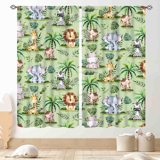 Jungle Safari Animals Curtains, Cartoon Animals Lion Giraffe Elephant Woodland Tropical Leaf Green Window Drapery for Kids Boys Girls Baby Living Room Bedroom Nursery 2 Panels, 42"x63" Inch
