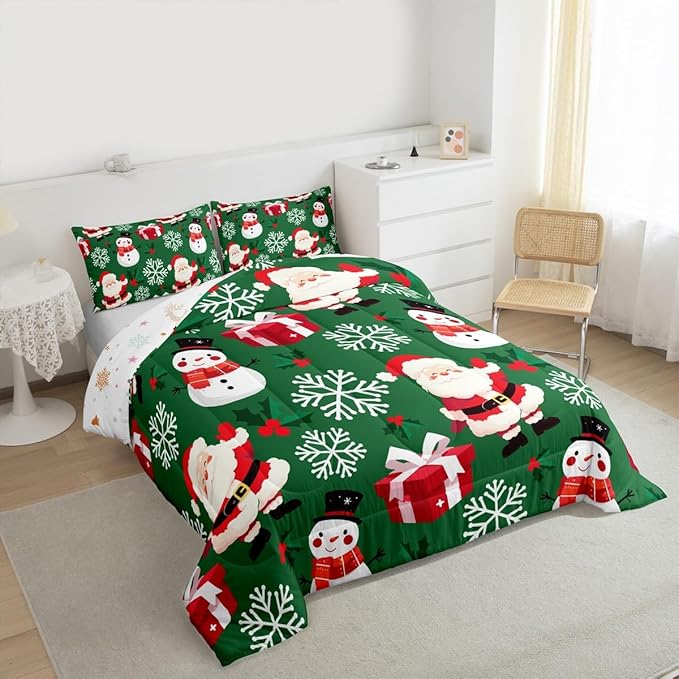 jejeloiu Merry Christmas Comforter Set Toddler Size Xmas Santa Claus Bedding Set for Kids Boys Girls Cute Snowman Duvet Quilt Green Bedroom Decor